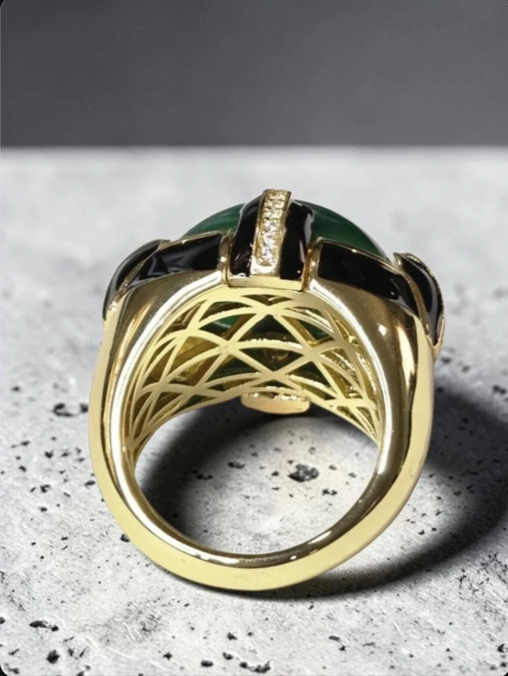 18k Gold Plated Onyx Enamel Green Onyx Glass Cabochon Oversized Statement Ring